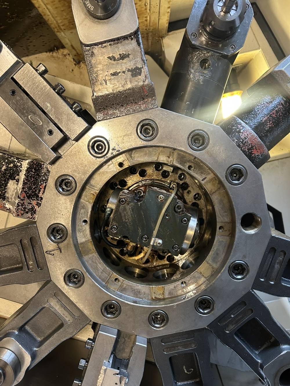 CNC lathe turret opened up for repair